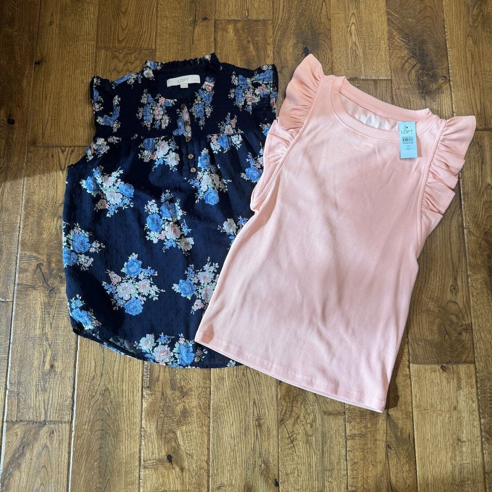 Bundle of 2 LOFT Women's Blouse Pink Floral Print and Flutter Sleeve XS Petite
